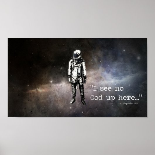 "Ik zie geen god hier boven" — Yuri Gagarin Poster (Voorkant)