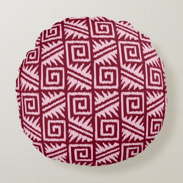 Ikat Aztec Pattern - Burgundy and Pink Rond Kussen (Voorkant)