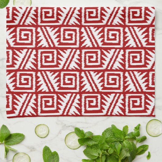 Ikat Aztec Pattern - Donkerrood en wit Theedoek (Gevouwen)