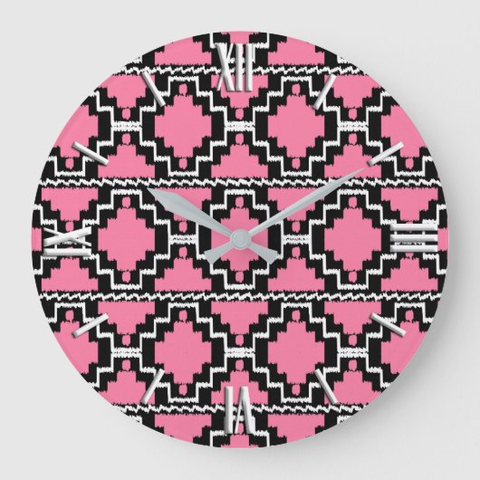 Ikat Aztec Pattern - Fuchsia Pink, Black en White Grote Klok (Voorkant)