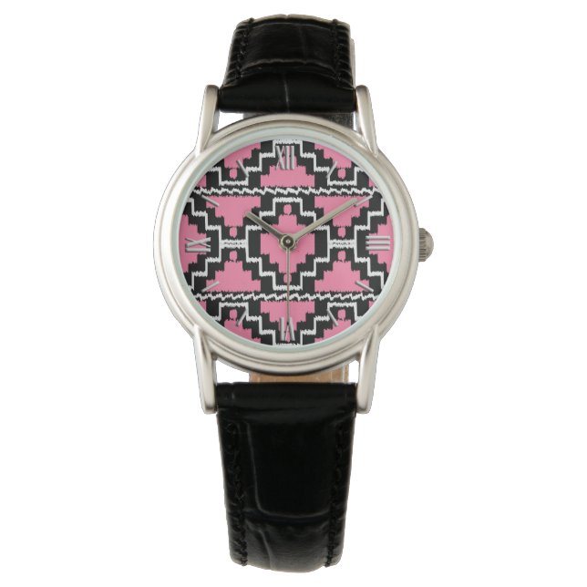 Ikat Aztec Pattern - Fuchsia Pink, Black en White Horloge (Voorkant)