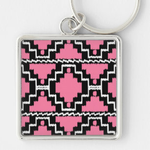 Ikat Aztec Pattern - Fuchsia Pink, Black en White Sleutelhanger
