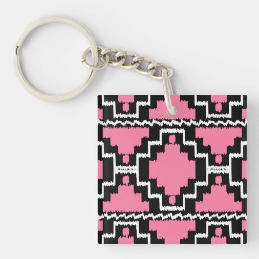 Ikat Aztec Pattern - Fuchsia Pink, Black en White Sleutelhanger (Voorkant)