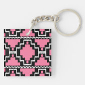 Ikat Aztec Pattern - Fuchsia Pink, Black en White Sleutelhanger (Achterkant)