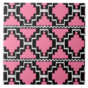 Ikat Aztec Pattern - Fuchsia Pink, Black en White Tegeltje