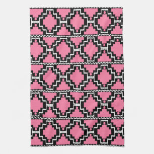Ikat Aztec Pattern - Fuchsia Pink, Black en White Theedoek