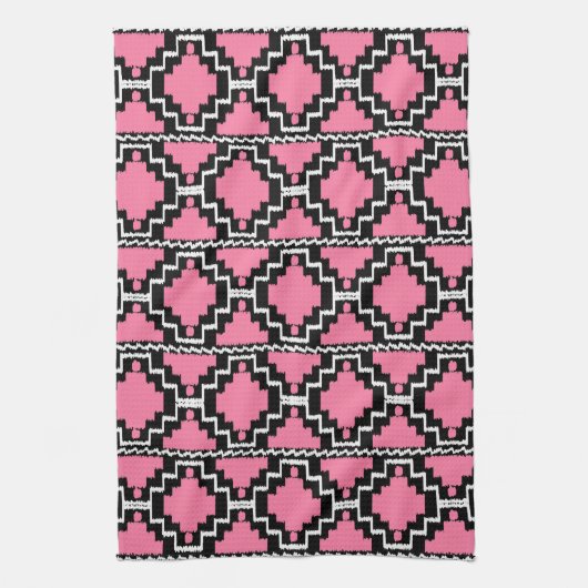 Ikat Aztec Pattern - Fuchsia Pink, Black en White Theedoek (Verticaal)