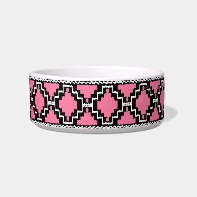 Ikat Aztec Pattern - Fuchsia Pink, Black en White Voerbakje (Links)