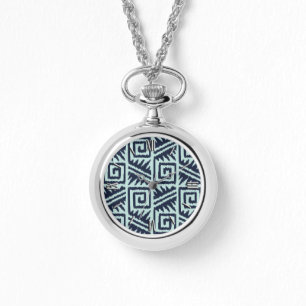 Ikat Aztec Pattern - Indigo and Light Blue Horloge