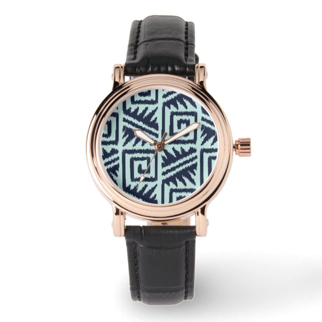 Ikat Aztec Pattern - Indigo and Light Blue Horloge (Voorkant)