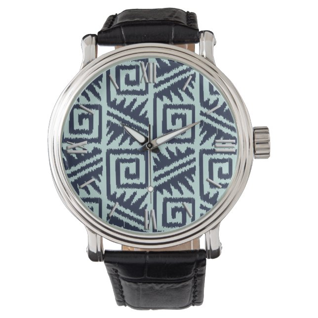 Ikat Aztec Pattern - Indigo and Light Blue Horloge (Voorkant)