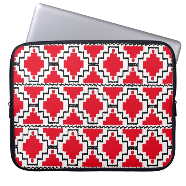 Ikat Aztec Pattern - Red, Black en White Laptop Sleeve (Voorkant)