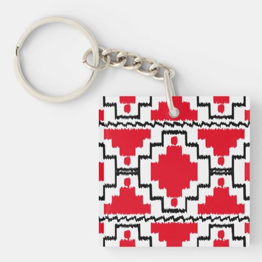 Ikat Aztec Pattern - Red, Black en White Sleutelhanger (Voorkant)