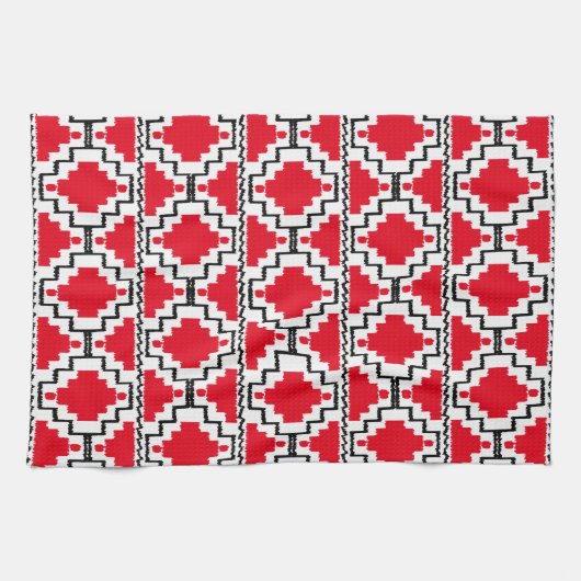 Ikat Aztec Pattern - Red, Black en White Theedoek (Horizontaal)
