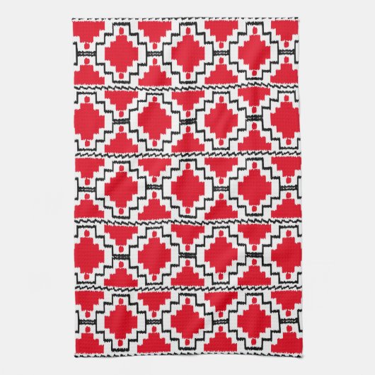 Ikat Aztec Pattern - Red, Black en White Theedoek (Verticaal)