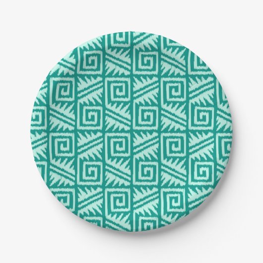 Ikat Aztec Pattern - Turquoise en Aqua Papieren Bordje (Voorkant)