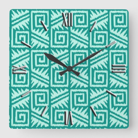 Ikat Aztec Pattern - Turquoise en Aqua Vierkante Klok (Voorkant)