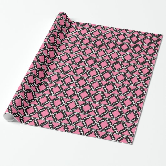 Ikat Aztec Tribal - Fuchsia Pink, Black en White Cadeaupapier (Uitgerold)