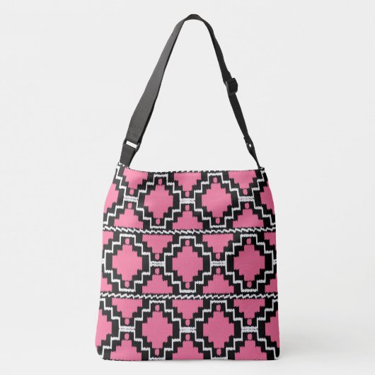 Ikat Aztec Tribal - Fuchsia Pink, Black en White Crossbody Tas (Achterkant)