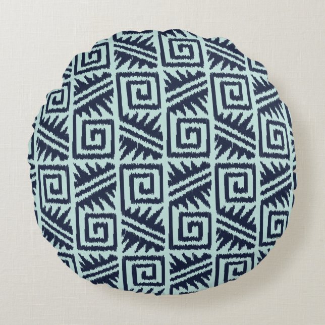 Ikat Aztec Tribal - Indigo en Light Blue Rond Kussen (Voorkant)