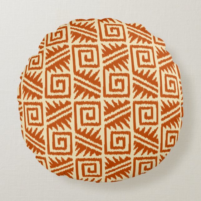 Ikat Aztec Tribal - Mandarijn en Licht Oranje Rond Kussen (Voorkant)