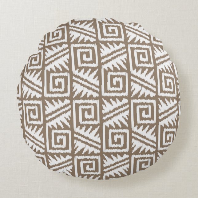 Ikat Aztec Tribal - Taupe Tan en Cream Rond Kussen (Voorkant)