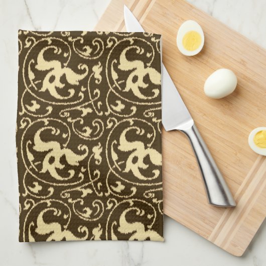 Ikat Bloemendamask - Chocoladebruin en Taupe Theedoek (Quarter Fold)