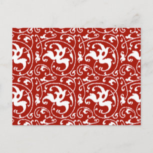 Ikat Bloemendamask - Donkerrood en Wit Briefkaart
