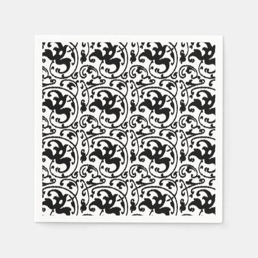 Ikat Bloemendamask - Wit en Zwart Servetten (Voorkant)