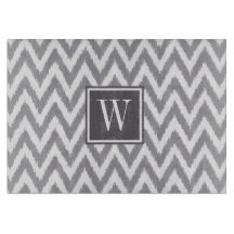 Ikat Chevron Grijs Monogram Glassnijplank