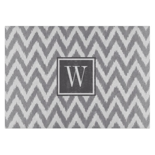Ikat Chevron Grijs Monogram Glassnijplank Snijplank (Voorkant)