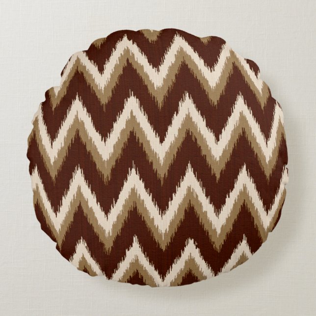 Ikat Chevron Stripes - Chocolate Brown & Beige Rond Kussen (Voorkant)