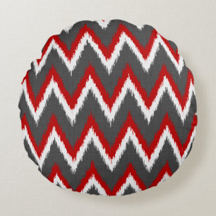 Ikat Chevron Stripes - Rood, wit en grijs / Grijs Rond Kussen