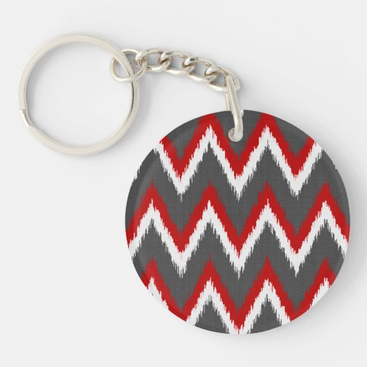 Ikat Chevron Stripes - Rood, wit en grijs / Grijs Sleutelhanger (Voorkant)