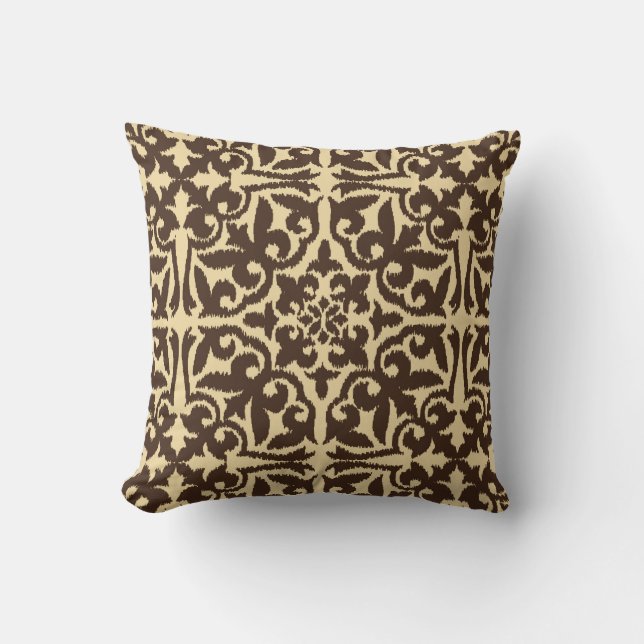 Ikat damask patroon - Chocolate Brown en Tan Kussen (Voorkant)