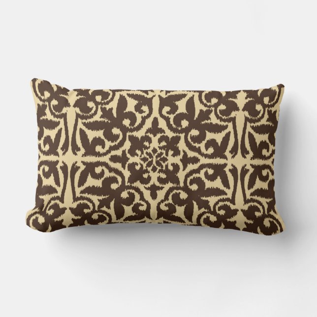 Ikat damask patroon - Chocolate Brown en Tan Kussen (Voorkant)