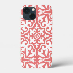 Ikat damask patroon - Coral Pink en White iPhone 13 Mini Hoesje