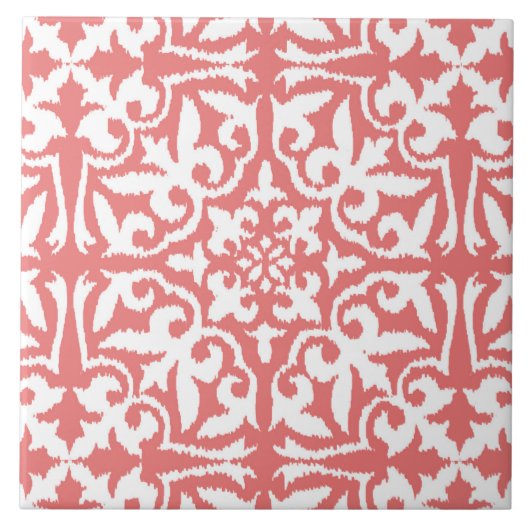 Ikat damask patroon - Coral Pink en White Tegeltje (Voorkant)