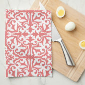 Ikat damask patroon - Coral Pink en White Theedoek (Quarter Fold)