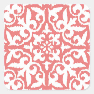 Ikat damask patroon - Coral Pink en White Vierkante Sticker