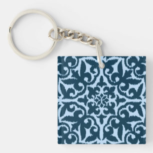 Ikat damask patroon - Dark Indigo en Light Blue Sleutelhanger