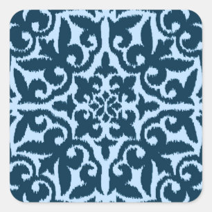 Ikat damask patroon - Dark Indigo en Light Blue Vierkante Sticker
