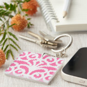 Ikat damask patroon - fluorescerend roze sleutelhanger (Voorkant Rechts)