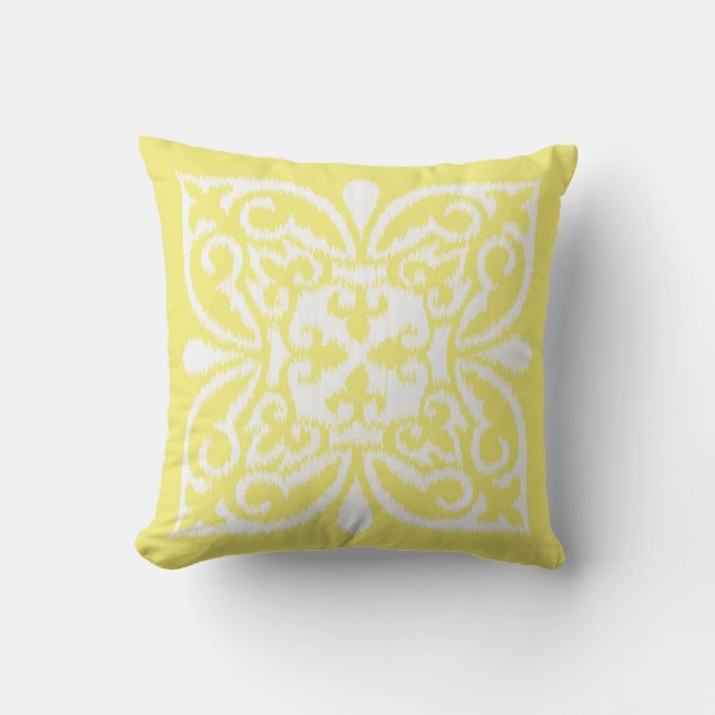 Ikat damask patroon - geel en wit kussen (Voorkant)