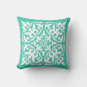 Ikat damask patroon - pauw blauw en wit kussen