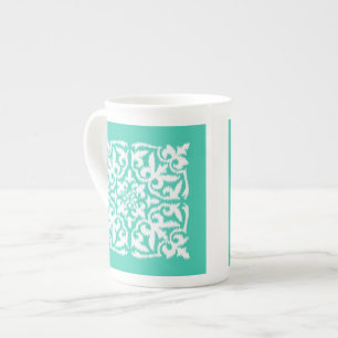 Ikat damask patroon - pauw blauw en wit porselein kop