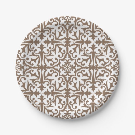 Ikat damask patroon - Taupe Tan en White Papieren Bordje (Voorkant)