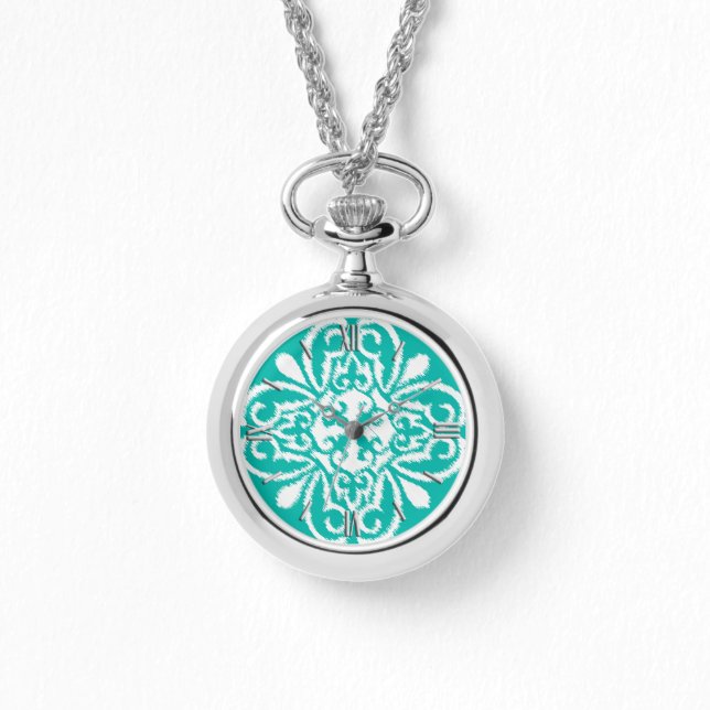 Ikat damask patroon - turkooizen en wit horloge (Voorkant)
