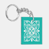 Ikat damask patroon - turkooizen en wit sleutelhanger (Voorkant Links)
