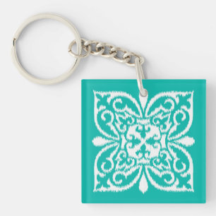 Ikat damask patroon - turkooizen en wit sleutelhanger